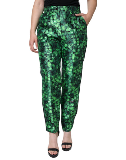 Dolce & Gabbana Green Clover Silk Satin High Waist Tapered Pants