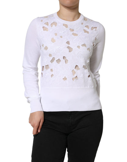 Dolce & Gabbana White Lace Cut Out Long Sleeves Pullover Sweater