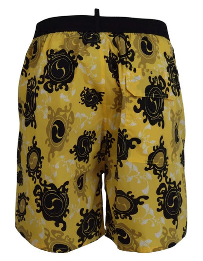 Dsquared² Yellow Black Printed Nylon Beachwear Shorts Swimwear