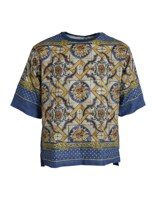 T-shirt manica corta in lino maiolica multicolor di Dolce &amp; Gabbana