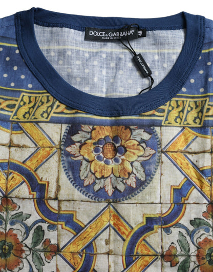 T-shirt manica corta in lino maiolica multicolor di Dolce &amp; Gabbana