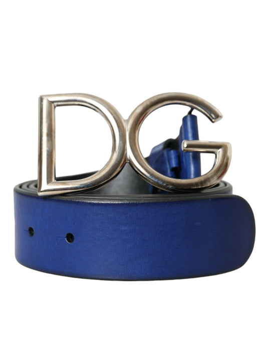 Dolce & Gabbana Blue Leather Silver Metal Logo Buckle Belt Men - PER.FASHION