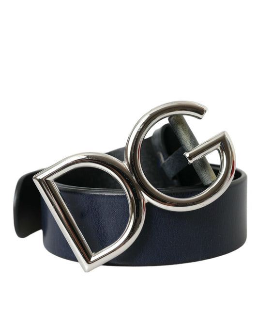 Dolce & Gabbana Blue Leather Silver Metal Logo Buckle Belt Men - PER.FASHION