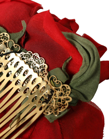 Dolce & Gabbana Red Silk Floral Gold Brass Women Hair Comb - PER.FASHION