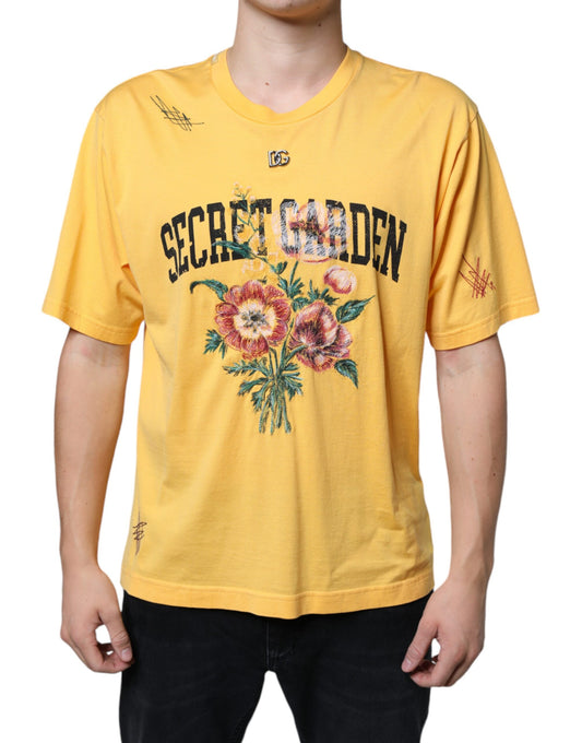 Dolce &amp; Gabbana T-shirt girocollo in cotone floreale giallo Secret Graden