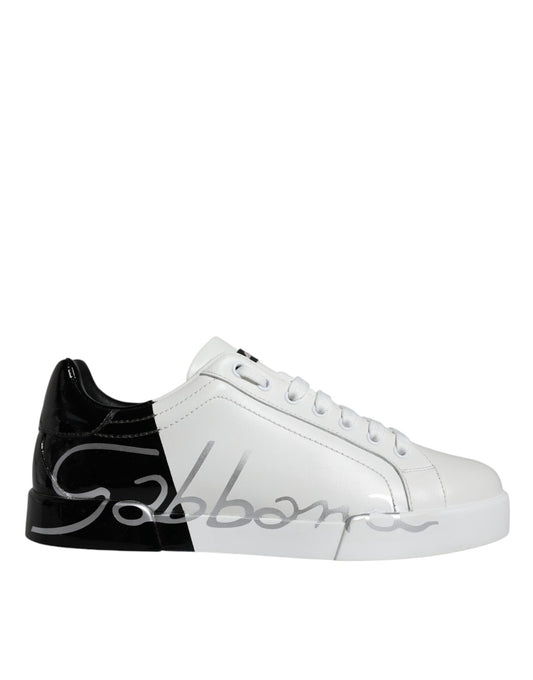 Dolce & Gabbana White Blue Leather Logo Low Top Sneakers Shoes