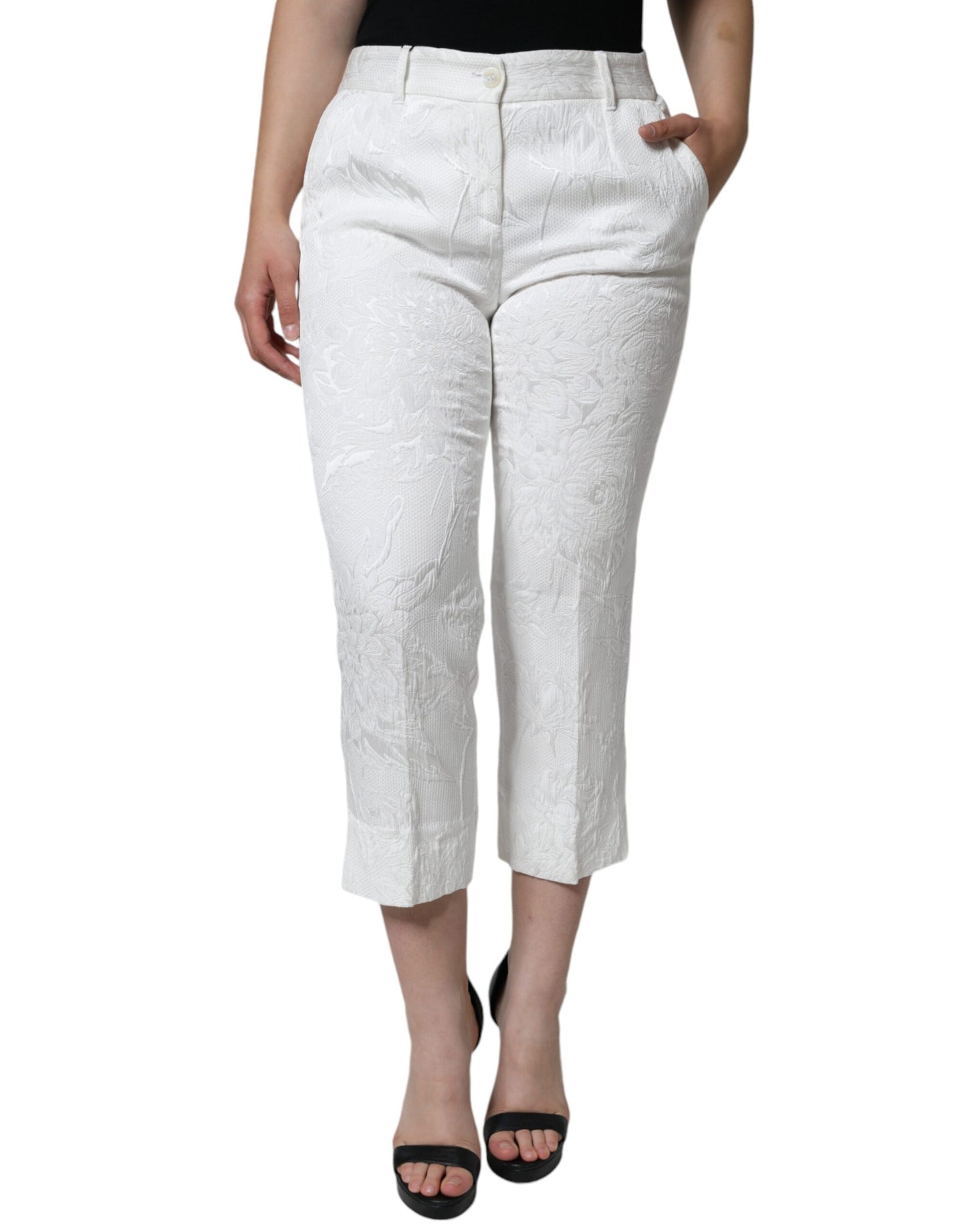 Dolce & Gabbana White Floral Brocade Cotton Cropped Pants