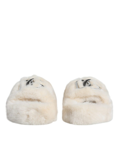 Dolce & Gabbana Beige Faux Fur Slides Flats Sandals Shoes