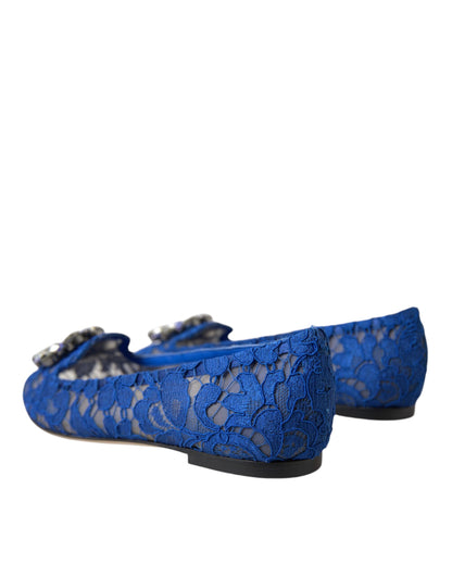 Dolce & Gabbana Blue Lace Crystal Ballet Flats Loafers Shoes