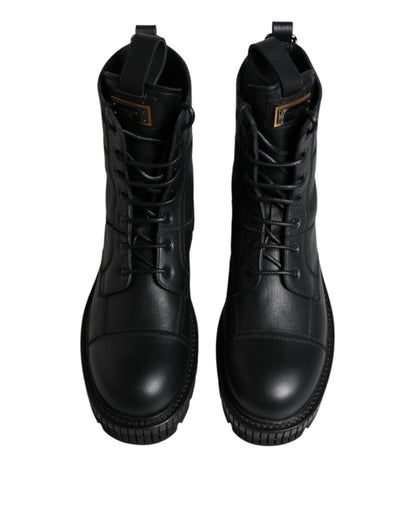 Dolce & Gabbana Black Leather Lace Up Mid Calf Boots Shoes