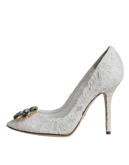 Dolce & Gabbana White Taormina Lace Crystal Heel Pumps Shoes