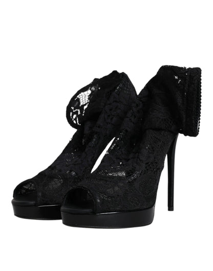 Dolce & Gabbana Black Stretch Taormina Lace Boots Shoes