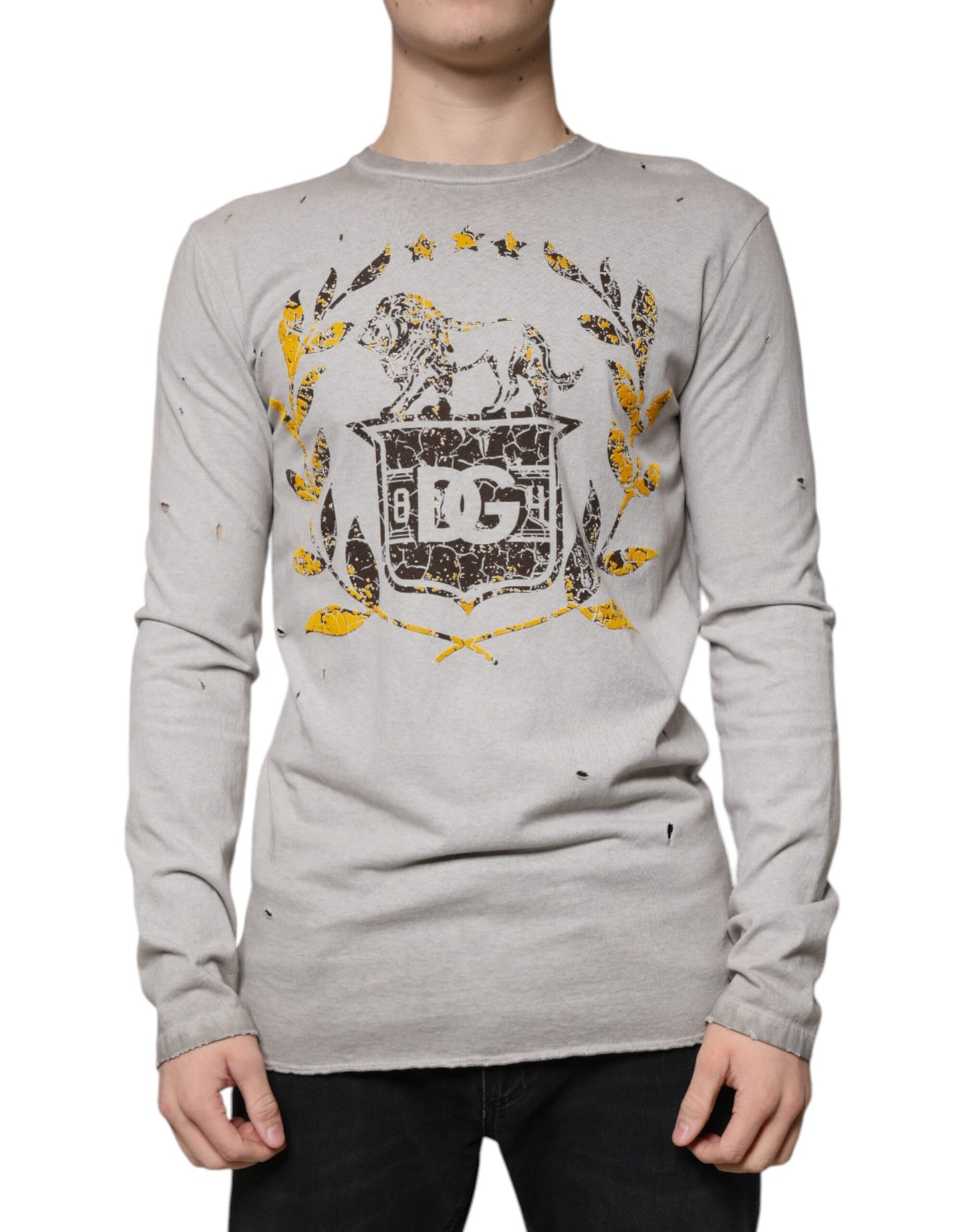 Dolce & Gabbana Gray Printed Cotton Crewneck Pullover Sweater