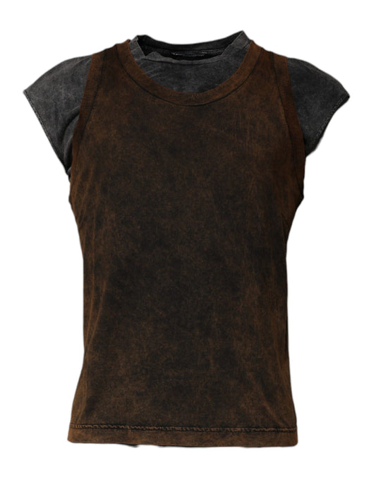 Dolce & Gabbana Brown Cotton Round Neck Sleeveless T-shirt