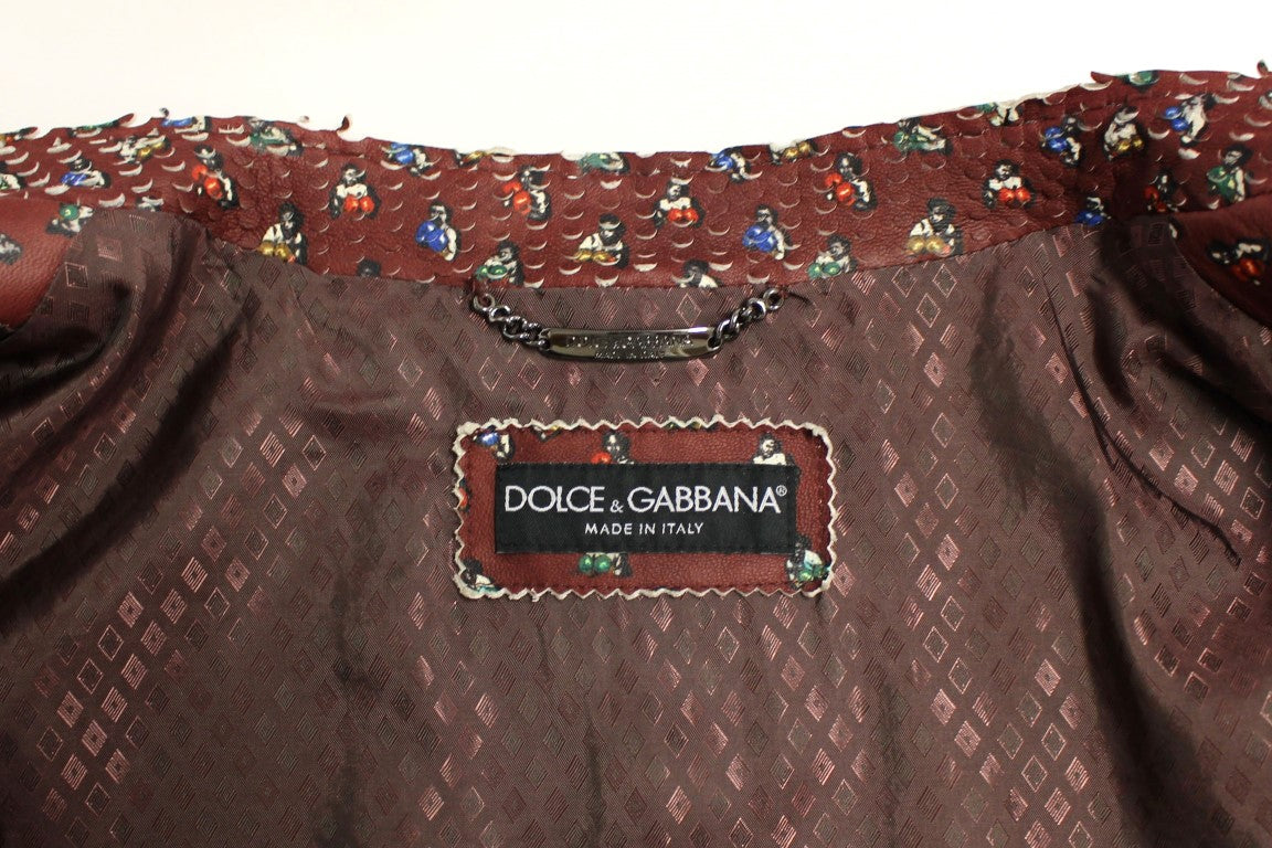 Esclusiva giacca in pelle bordeaux con stampa boxer Dolce &amp; Gabbana