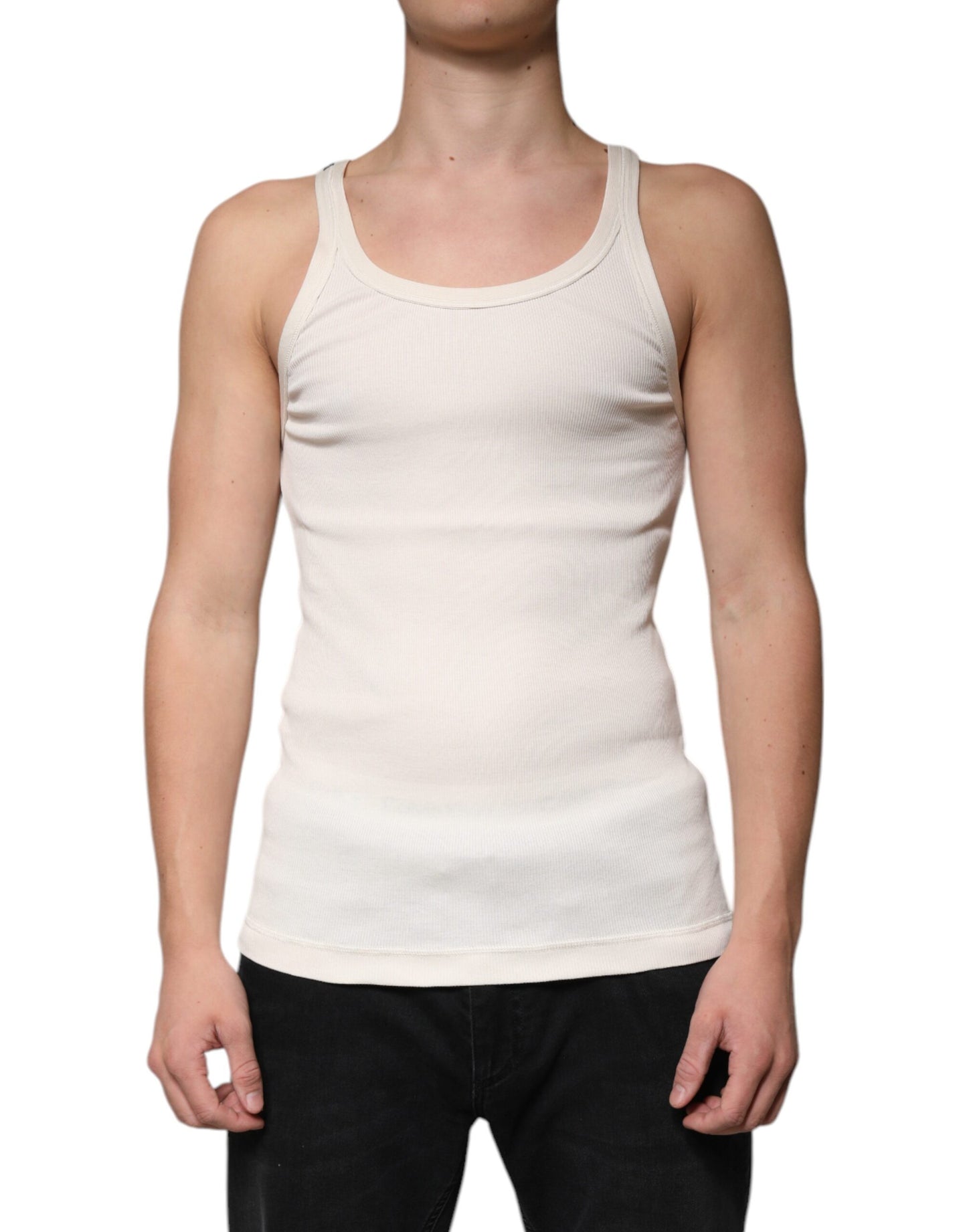 Dolce & Gabbana Off White Cotton Sleeveless Round Neck Tank T-shirt