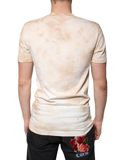 Dolce & Gabbana Beige Graphic Print Cotton V-neck T-shirt