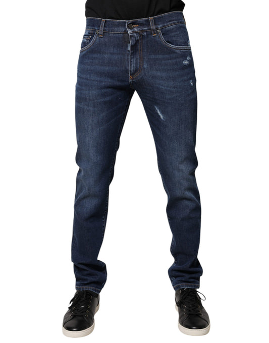 Jeans slim fit in denim con stampa logo in cotone blu Dolce &amp; Gabbana
