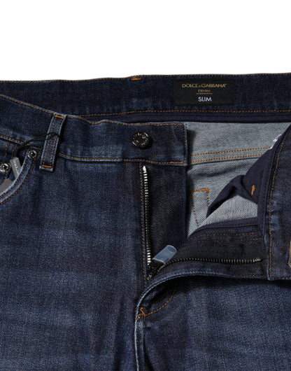 Jeans slim fit in denim con stampa logo in cotone blu Dolce &amp; Gabbana