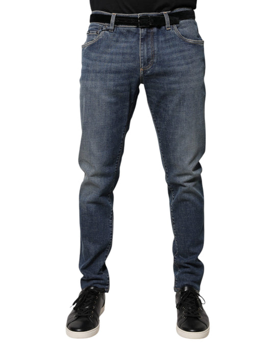 Jeans aderenti in denim di cotone con placca logo blu Dolce &amp; Gabbana