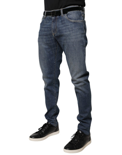 Jeans aderenti in denim di cotone con placca logo blu Dolce &amp; Gabbana