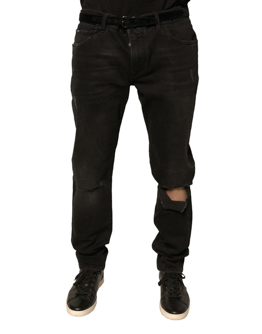 Jeans aderenti in denim di cotone con logo strappato nero Dolce &amp; Gabbana