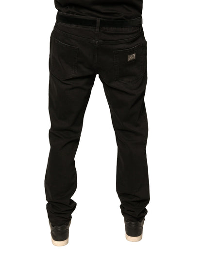 Jeans aderenti in denim di cotone con logo strappato nero Dolce &amp; Gabbana