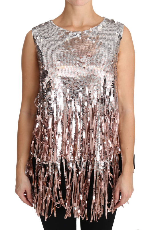 Dolce &amp; Gabbana Top elegante con frange e paillettes rosa dorato