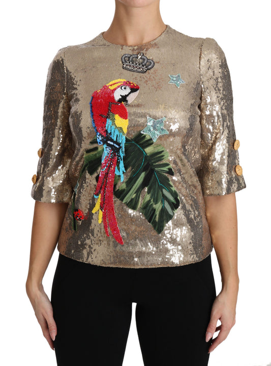 Dolce &amp; Gabbana Blusa Girocollo Motivo Pappagallo Oro con Cristalli