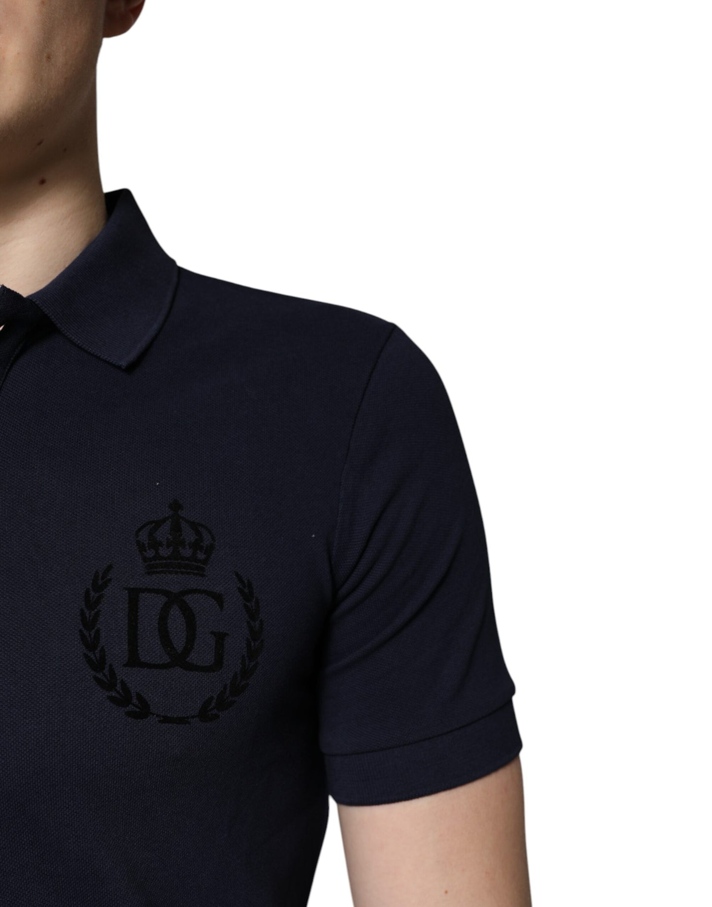Dolce & Gabbana Dark Blue Cotton Crown Collared Polo T-shirt