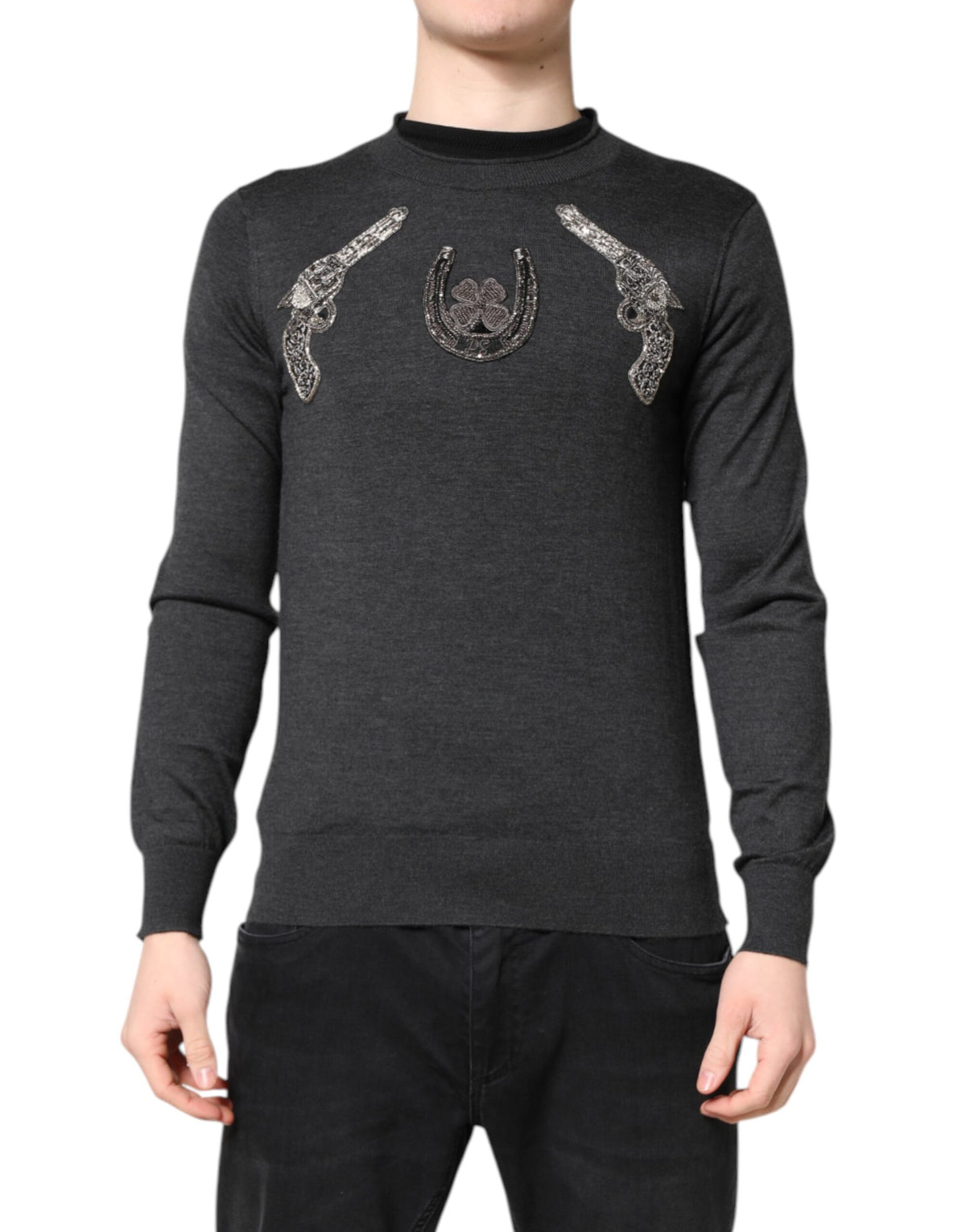 Dolce & Gabbana Gray Embroidery Knit Men Pullover Sweater