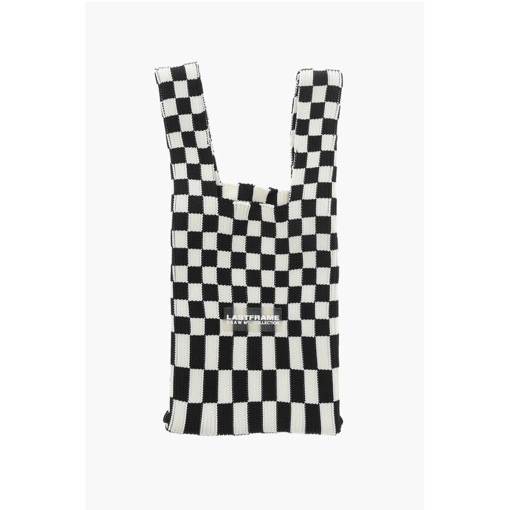 Last Frame Checked Knitted Tote Bag with Faux Leather Shoulder Strap