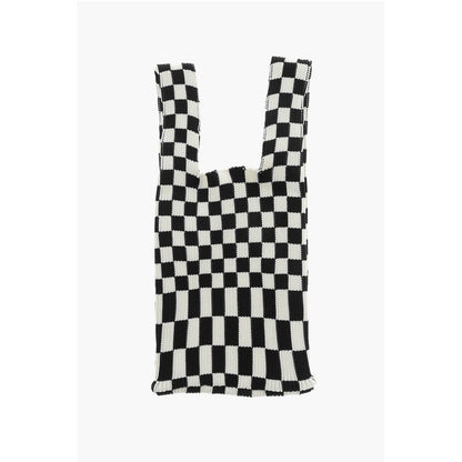 Last Frame Checked Knitted Tote Bag with Faux Leather Shoulder Strap
