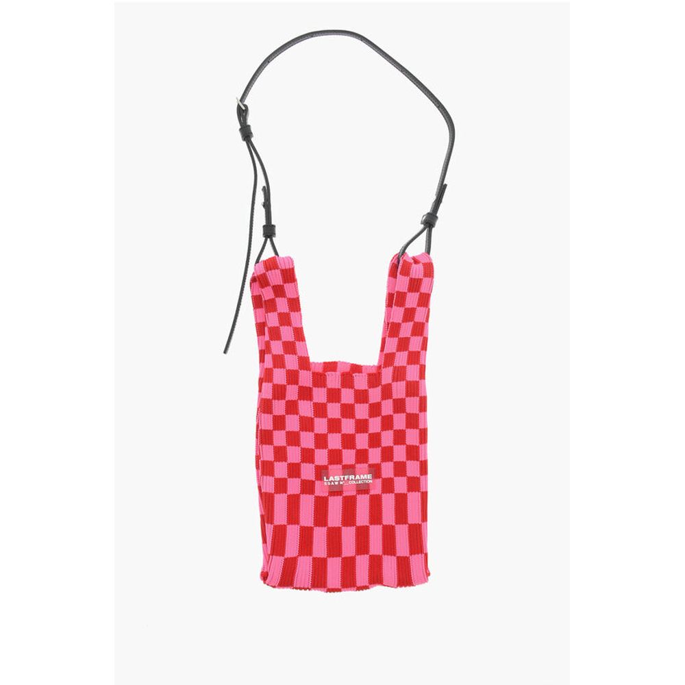 Last Frame Checked Knitted Tote Bag with Faux Leather Shoulder Strap