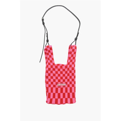 Last Frame Checked Knitted Tote Bag with Faux Leather Shoulder Strap
