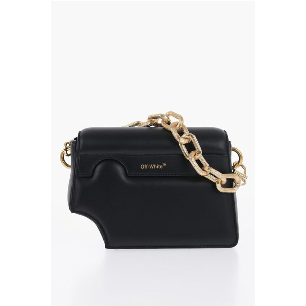 Off-White Leather Crossbody Bag with Cut-Out Details and Golden Chain