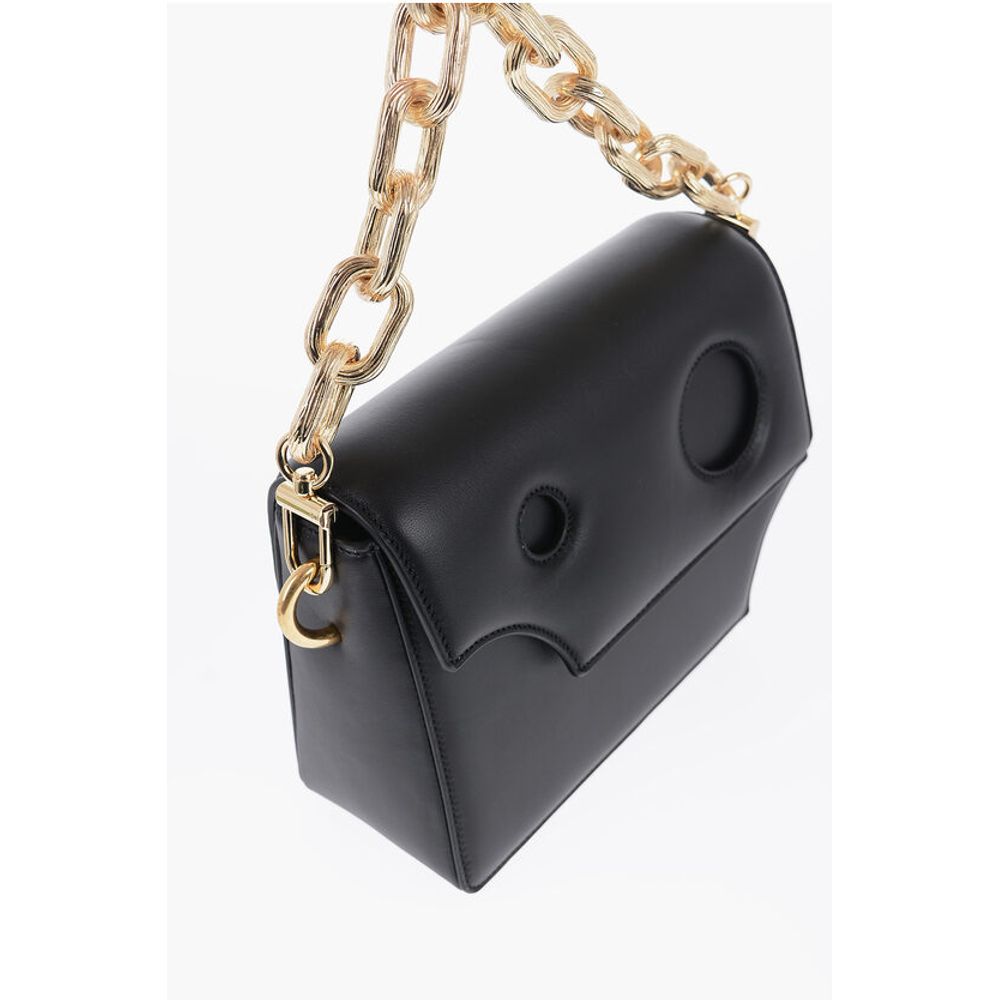 Off-White Leather Crossbody Bag with Cut-Out Details and Golden Chain