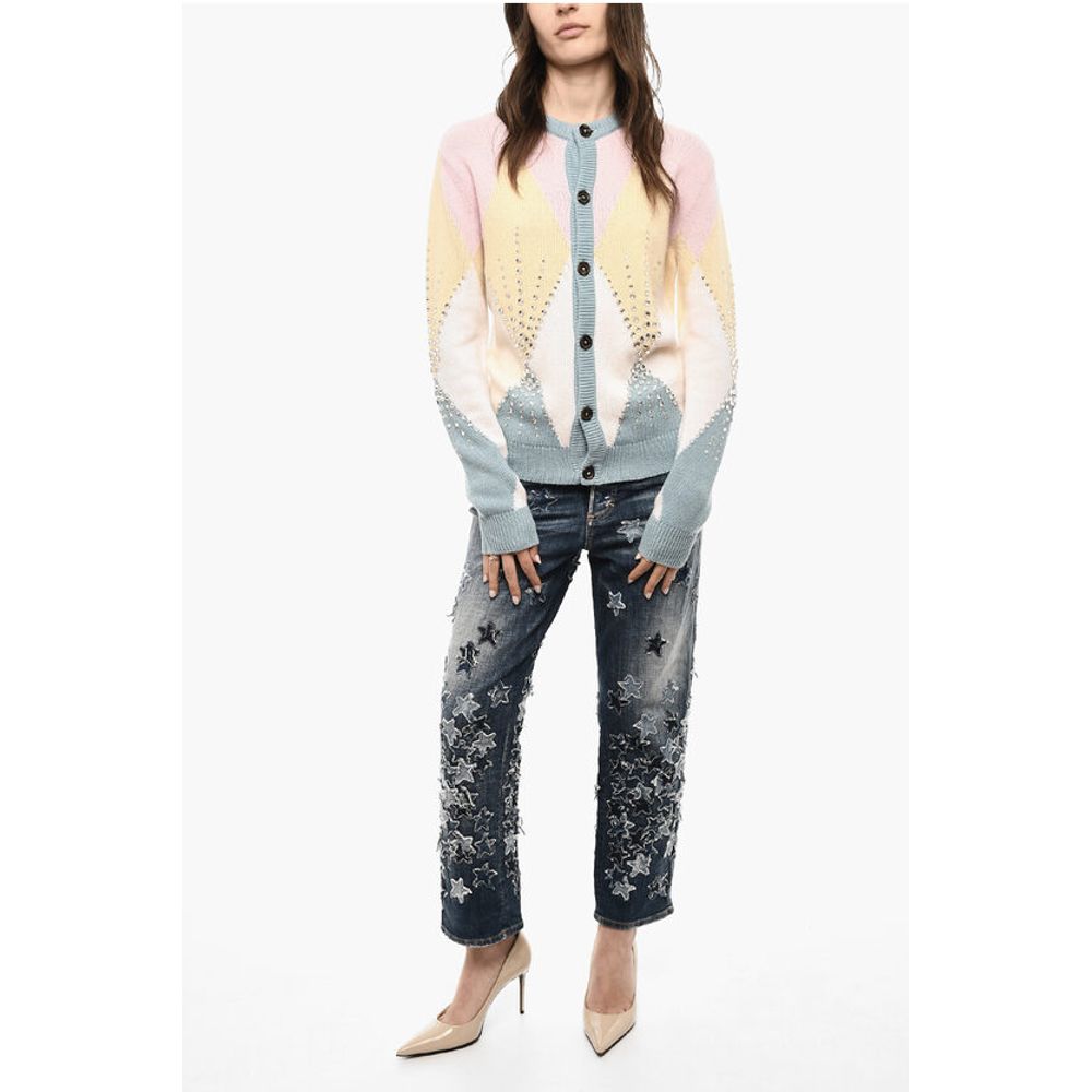 Dsquared² Color Block Virgin Wool Cardigan with Jewels