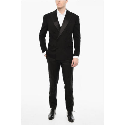 Dsquared² Wool Blend Double Breasted Blazer With Satin Peak Lapel