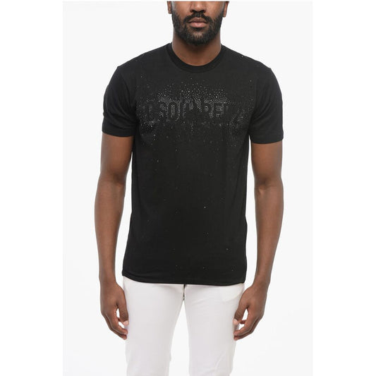 Dsquared² Solid Color Crew-neck T-Shirt Embellished with Rhinestones