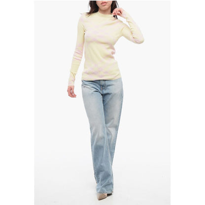 Burberry Crew Neck Ribbed Wool Blend Sweater with Tartan Motif
