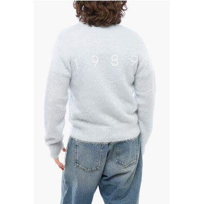 1989 Studio Solid Color V-Neck Fuzzy Cardigan with Embroidered Logo