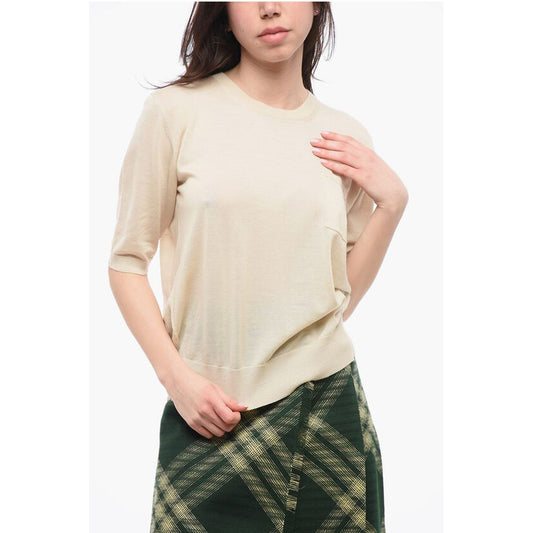 Roberto Collina Short Sleeved Merino Wool Crewneck Sweater with Breast Pocke