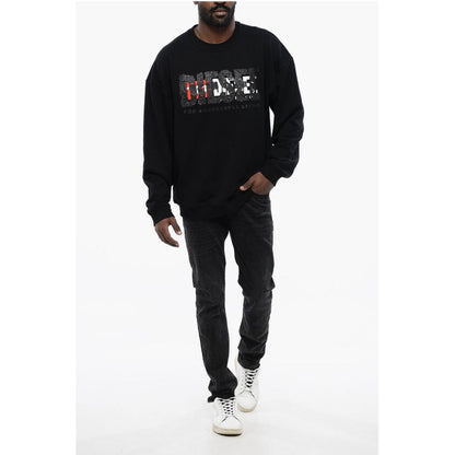 Diesel Solid Color S-NABEL-M Crew-neck Sweatshirt with Cracked Effe