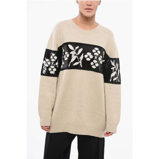 Max Mara Cashmere Blend FAGGI Crew Neck Pullover with Sequined Embroi