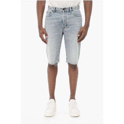 Saint Laurent Light Wash Denim Shorts with Fringed Bottom