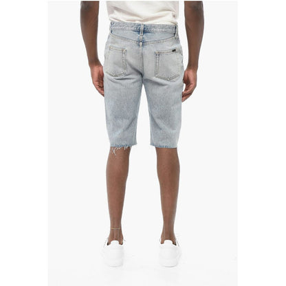 Saint Laurent Light Wash Denim Shorts with Fringed Bottom
