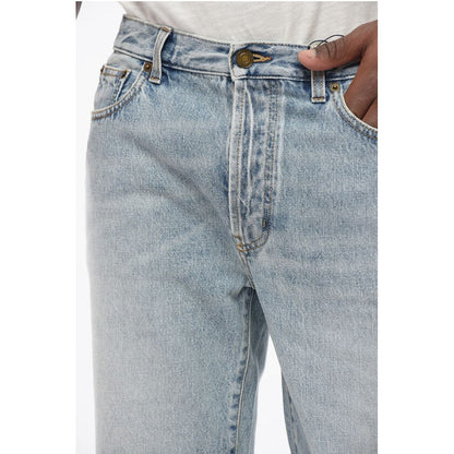 Saint Laurent Light Wash Denim Shorts with Fringed Bottom