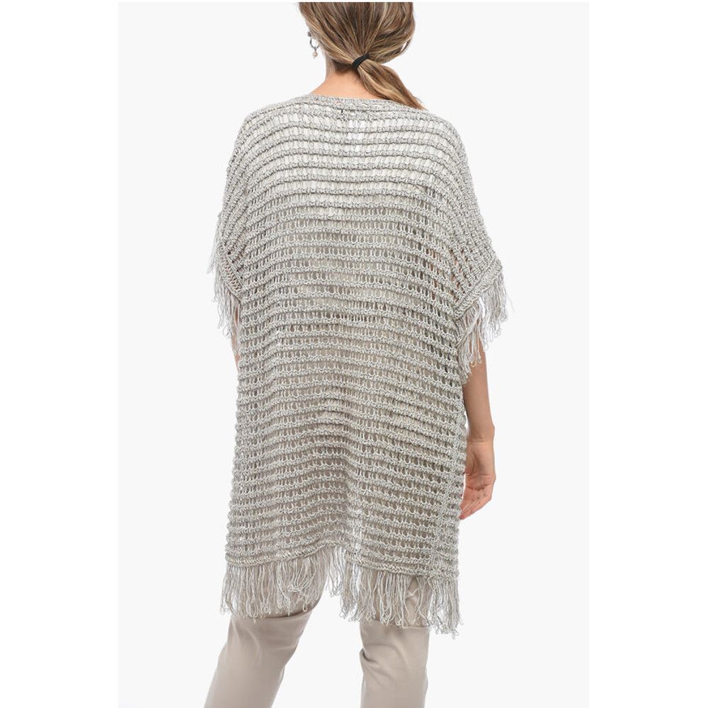 Fabiana Filippi Short-sleeved Flax Blend Crochet Sweater with Fringes