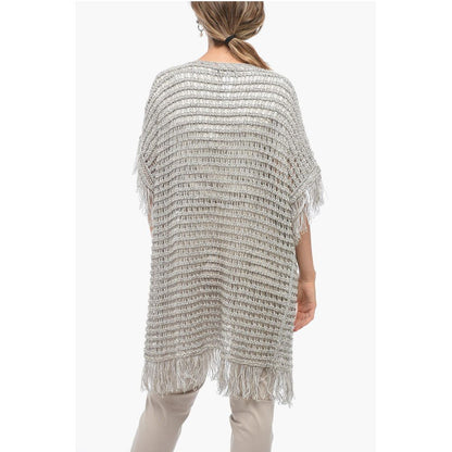 Fabiana Filippi Short-sleeved Flax Blend Crochet Sweater with Fringes